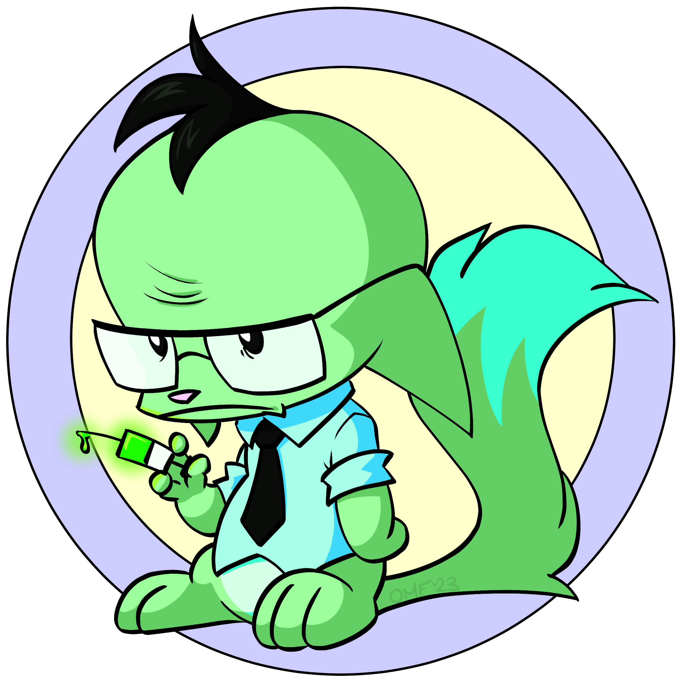 An original overlay for a neopet. The pet has green fur, a long tail, and pointy down-turned ears. It is wearing a pair of square glasses, a button-down shirt, and a tie, and is holding a syringe full of glowing green liquid, like Herbert West from Re-Animator. There is a little tuft of black fur on its head and it is frowning to the left of the camera.